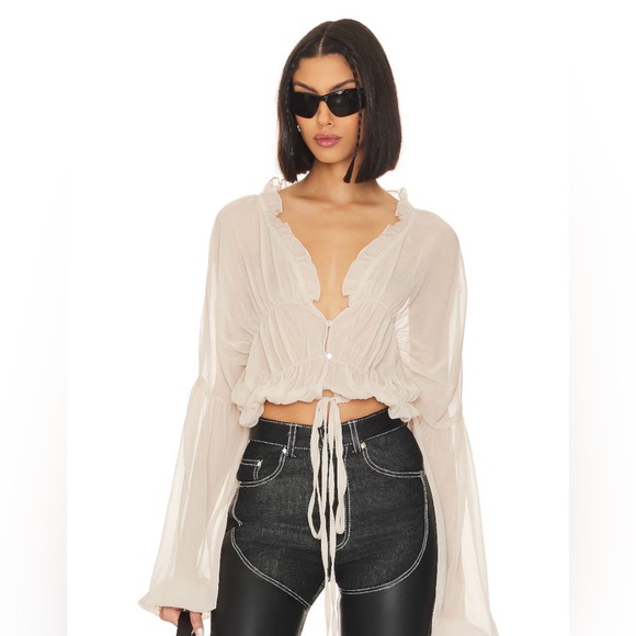 SNDYS. Tops - Sheer Ruffle Tie-Front Blouse in Cream